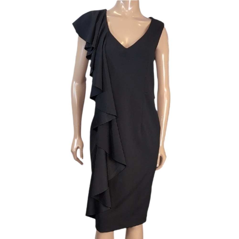 Bailey Ruffle V-Neck Sheath Dress Draped Asymmetric Black Womens Size Medium